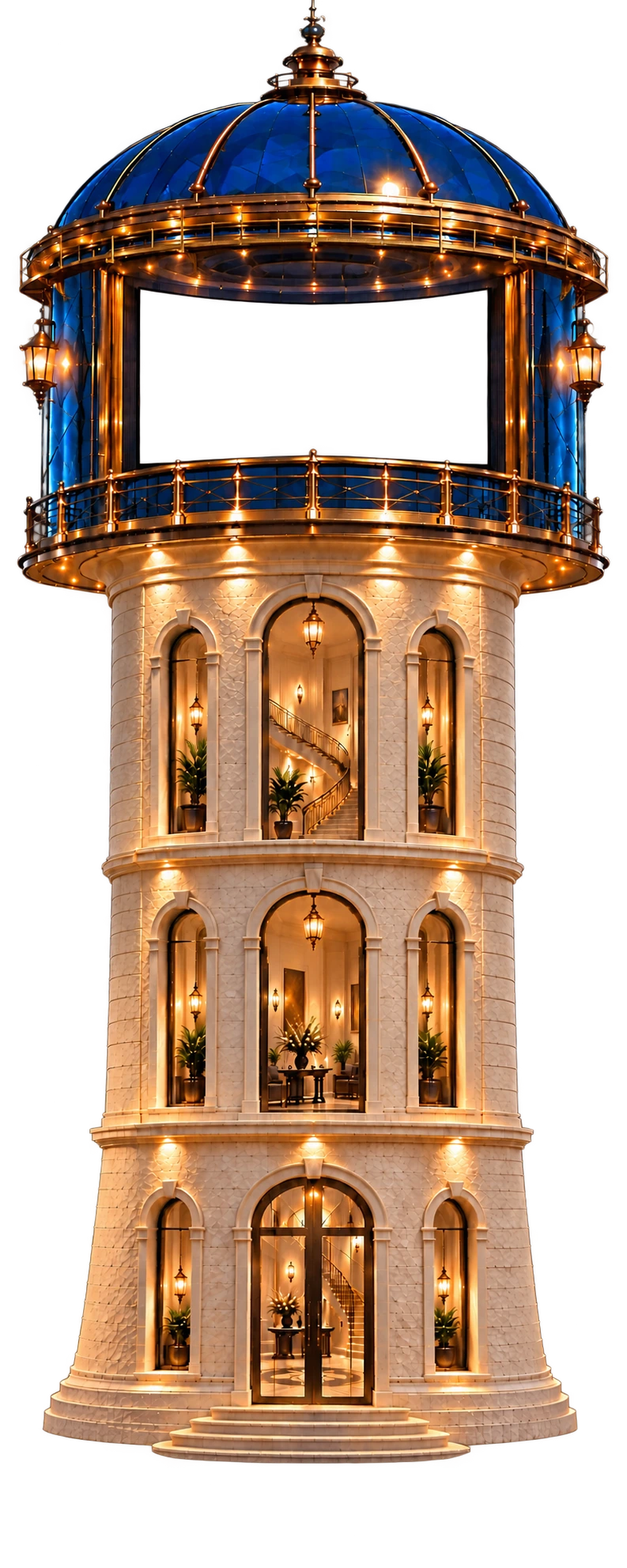 The Lighthouse beside a harbor at blue hour